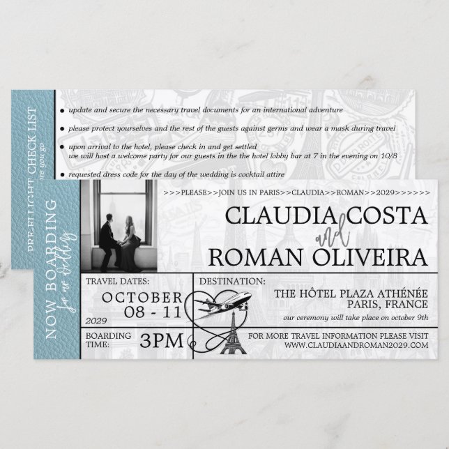 Slate Blue Paris Wedding Boarding Pass Invitation (Front/Back)