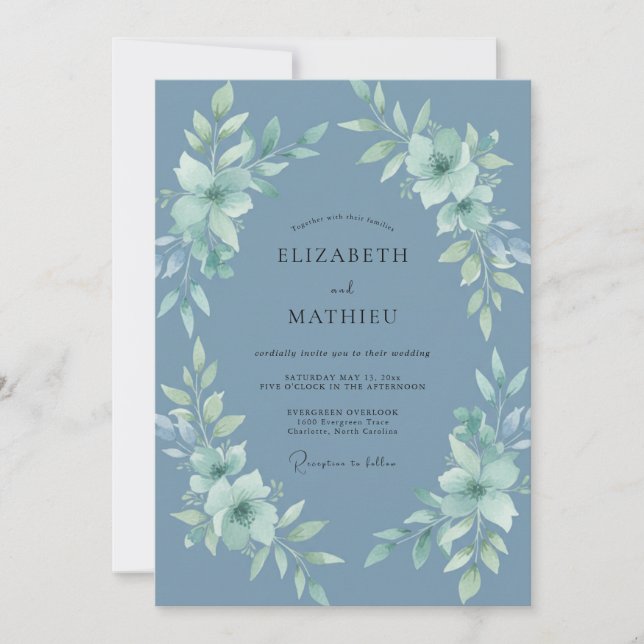 Slate Blue Peaceful Botanical Wedding Invitation (Front)