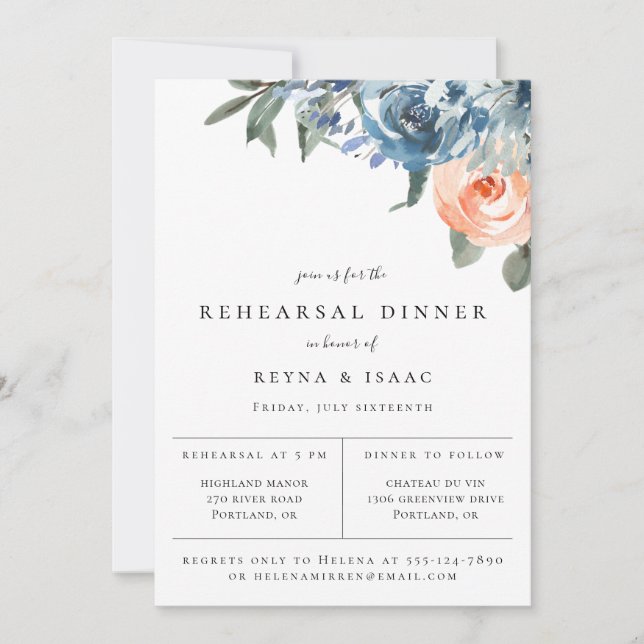 Slate Blue Peach Botanical Rehearsal Dinner Announcement (Front)