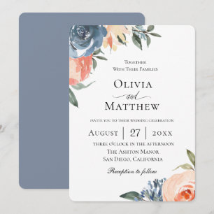Slate Blue Peach Botanical Wedding Invitation