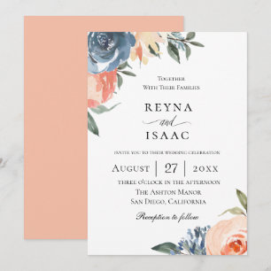 Slate Blue Peach Botanical Wedding Invitation