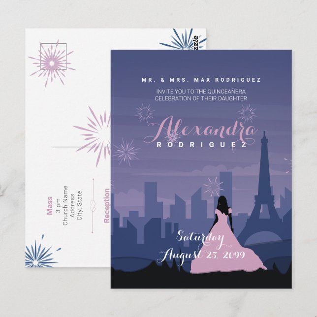 Slate Blue & Pink Paris Fireworks Quinceañera Postcard (Front/Back)