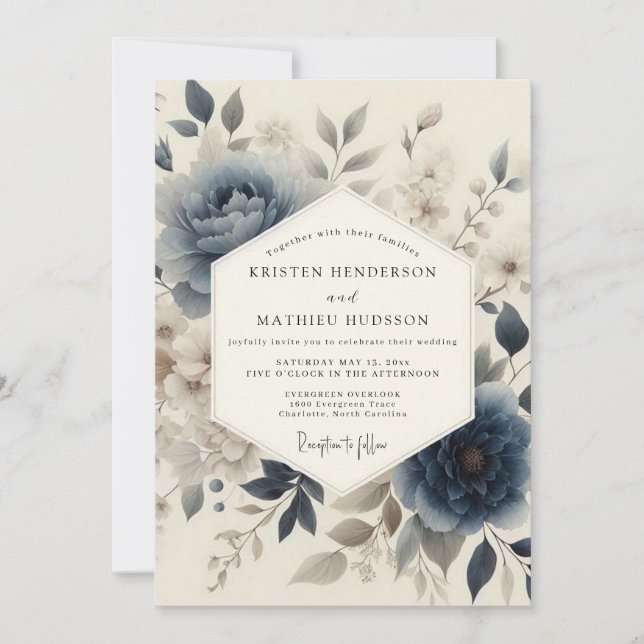 Slate Blue Poetic Floral Wedding Invitation (Front)