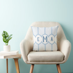 Slate Blue Preppy Moroccan Lattice Monogram Throw Pillow