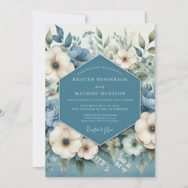 Slate Blue Romantic Anemone Wedding Invitation (Front)