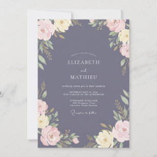 Slate Blue Romantic Floral Wedding Invitation