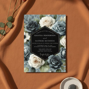 Slate Blue Rose Bloom Wedding Invitation