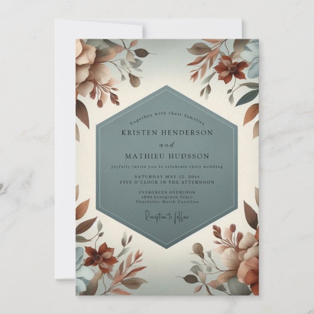 Slate Blue Rustic Bloom Wedding Invitation (Front)