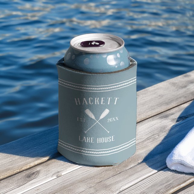 Slate Blue Rustic Oars Personalized Lake House Can Cooler (Creator Uploaded)