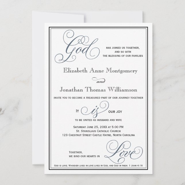 Slate Blue Script God is Love Christian Wedding Invitation (Front)
