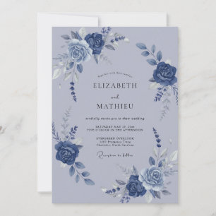 Slate Blue Watercolor Botanical Wedding Invitation