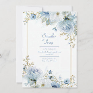 Slate Blue Watercolor Rose Gold Border Wedding Invitation