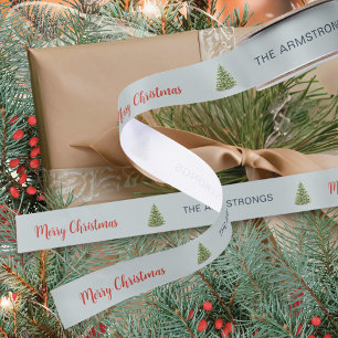 Slate Blue Watercolor Winter Pine Tree Christmas Satin Ribbon