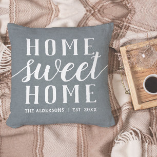 Slate Blue & White Personalized Home Sweet Home Throw Pillow