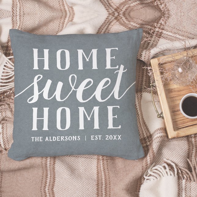 Slate Blue & White Personalized Home Sweet Home Throw Pillow (Creator Uploaded)