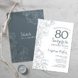 Slate Blue White Surprise 80th Birthday Party Invitation<br><div class="desc">Slate Blue White Surprise 80th Birthday Party Invitation. Minimalist modern design featuring botanical accents and typography script font. Floral invite card perfect for a stylish female surprise bday celebration. Can be customized to any age.</div>