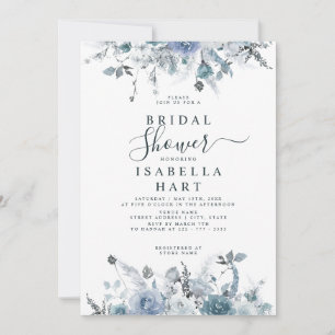 Slate Boho Dusty Blue Floral Pastel Bridal Shower Invitation