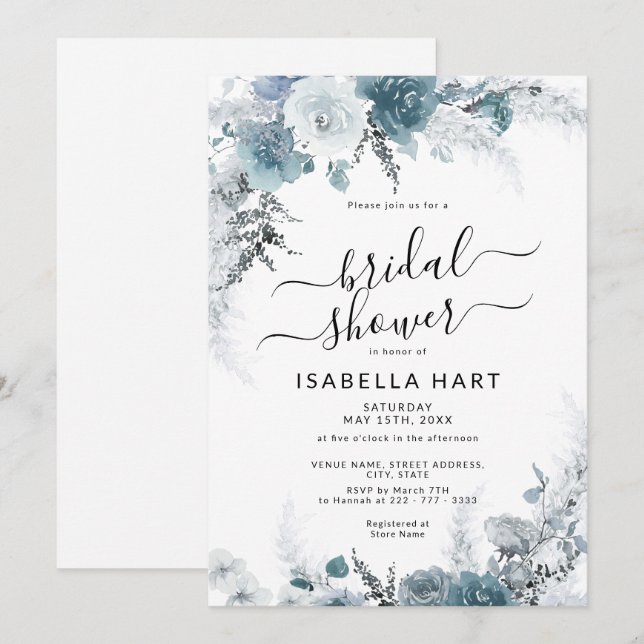 Slate Boho Dusty Blue Neutral Floral Bridal Shower Invitation (Front/Back)