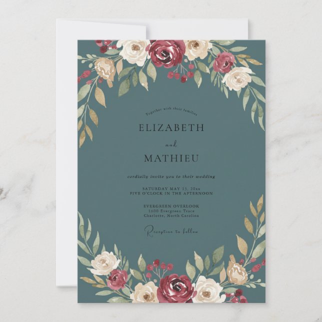 Slate Burgundy Leafy Wedding Invitation (Front)