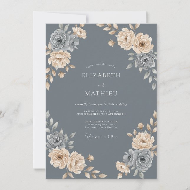Slate Champagne Petal Wedding Invitation (Front)