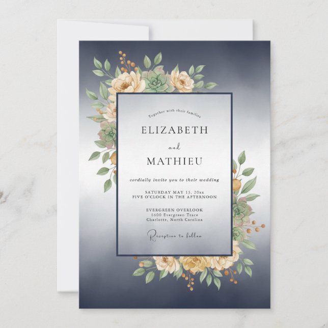 Slate Champagne Wreath Wedding Invitation (Front)