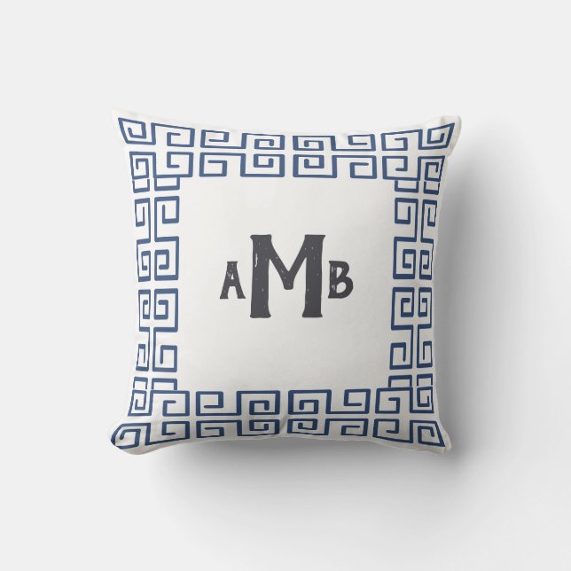 Slate Chinoiserie Wide Greek Key Border Monogram Throw Pillow (Front)
