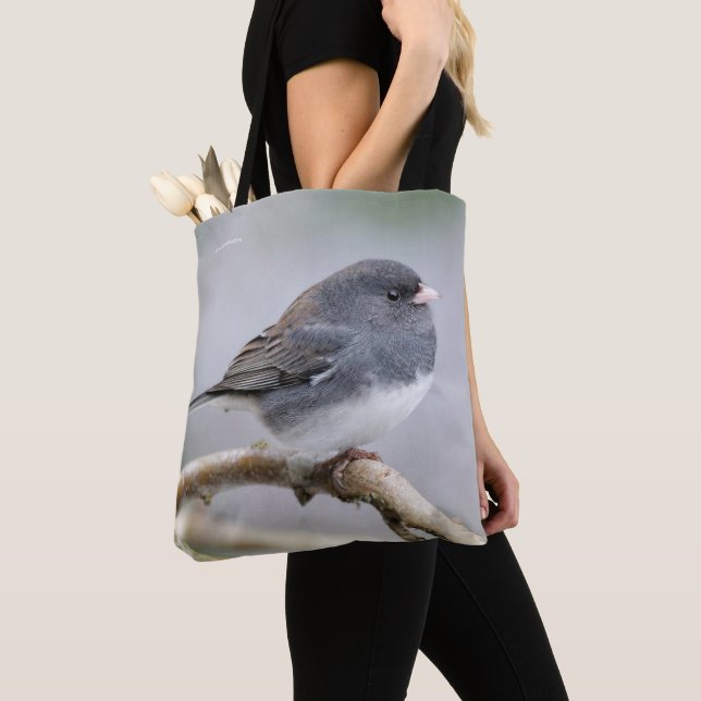 Slate-Coloured Dark-Eyed Junco on the Pear Tree Tote Bag (Close Up)