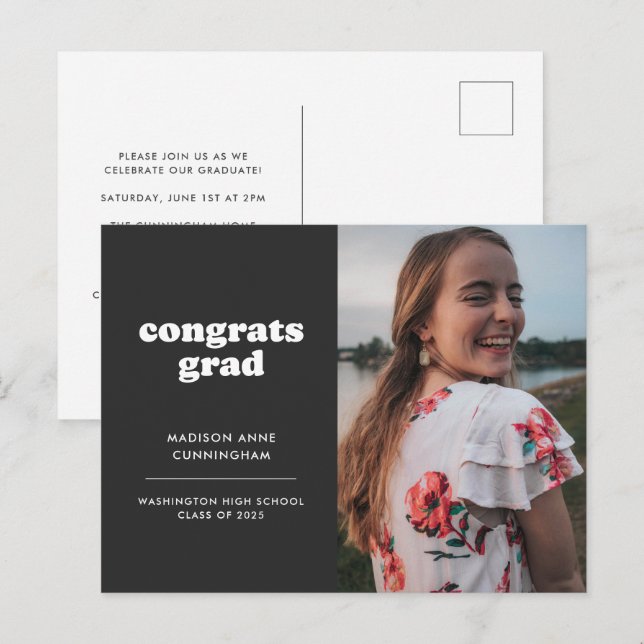 Slate Congrats Grad Photo Graduation Invitation Postcard (Front/Back)