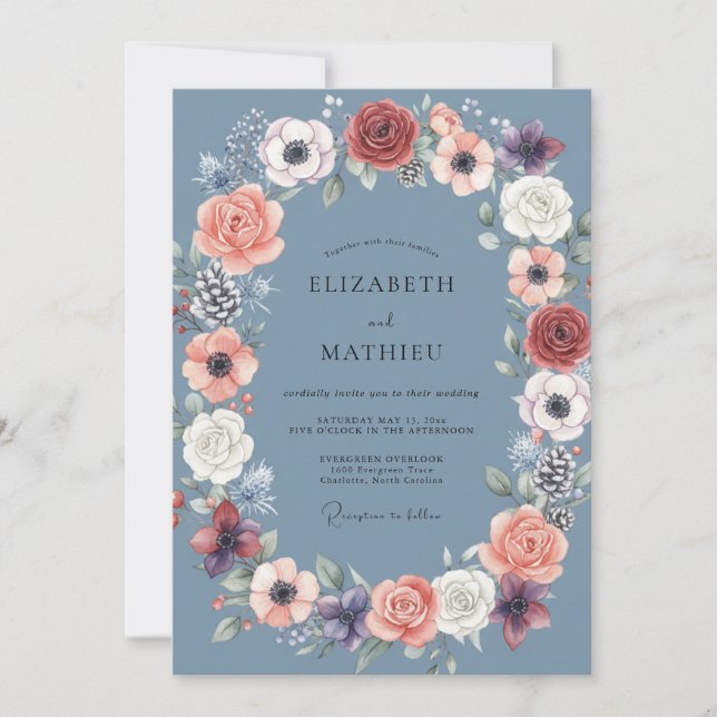 Slate Coral Peony Wedding Invitation (Front)