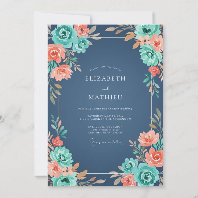 Slate Coral Petal Wedding Invitation (Front)