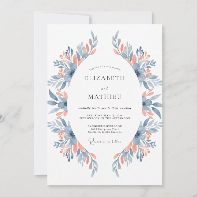 Slate Coral Wreath Wedding Invitation (Front)
