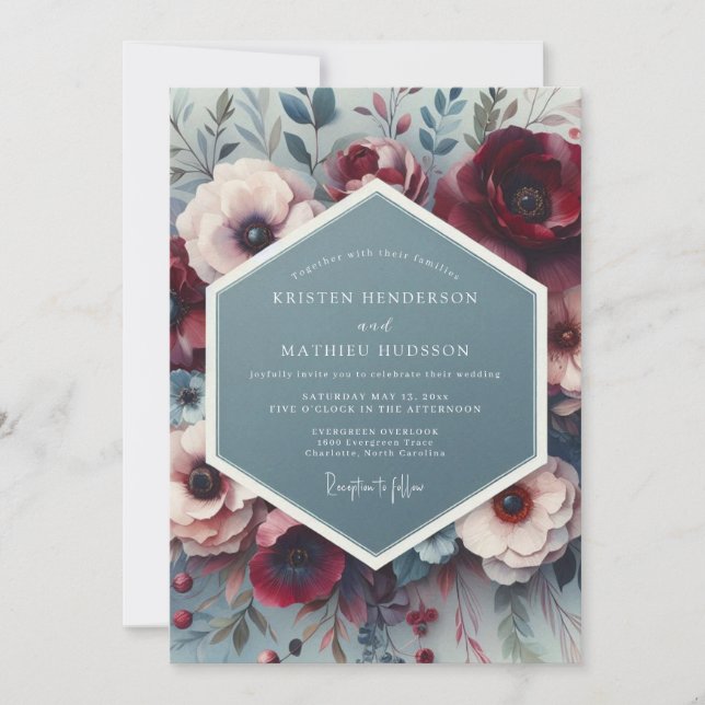 Slate & Crimson Artistic Bloom Wedding Invitation (Front)
