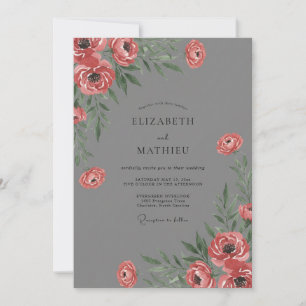 Slate Crimson Ranunculus Eucalyptus Wedding Invitation