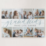 Slate | Grandkids Make Life Grand Photo Collage Jigsaw Puzzle<br><div class="desc">Create a sweet gift for a beloved grandma or grandpa with this beautiful photo collage plaque. "Grandkids make life grand" appears in the centre in smoky blue-green and grey calligraphy script lettering. Customize with eight photos of their grandchildren.</div>
