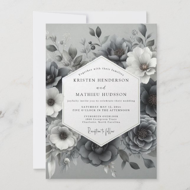 Slate Gray Ethereal Bloom Wedding Invitation (Front)