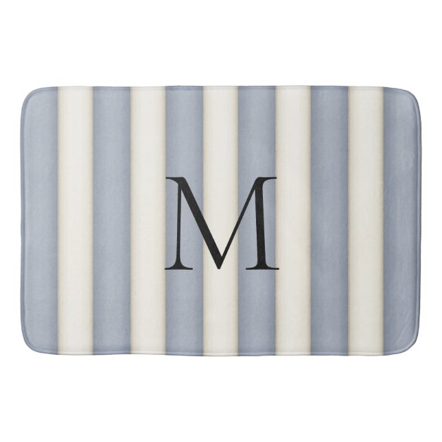 Slate Grey & Antique White Stripes Monogrammed Bath Mat (Front)
