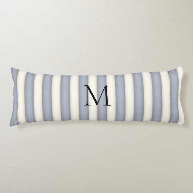Slate Grey & Antique White Stripes Monogrammed Body Pillow (Front)