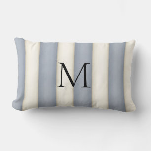 Slate Grey & Antique White Stripes Monogrammed Lumbar Pillow