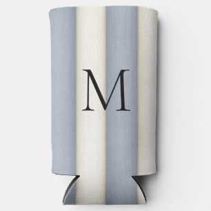Slate Grey & Antique White Stripes Monogrammed Seltzer Can Cooler