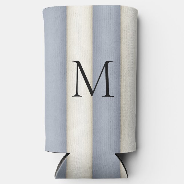 Slate Grey & Antique White Stripes Monogrammed Seltzer Can Cooler (Front)