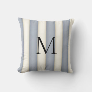 Slate Grey & Antique White Stripes Monogrammed Throw Pillow