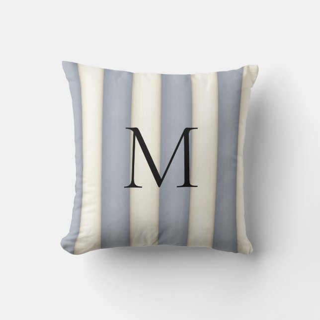 Slate Grey & Antique White Stripes Monogrammed Throw Pillow (Front)