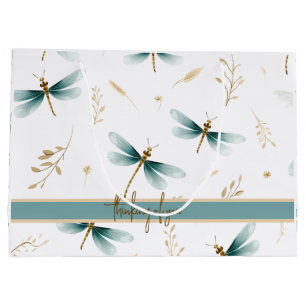 Slate Grey, Blue and Ivory Pattern of Dragonflies Large Gift Bag