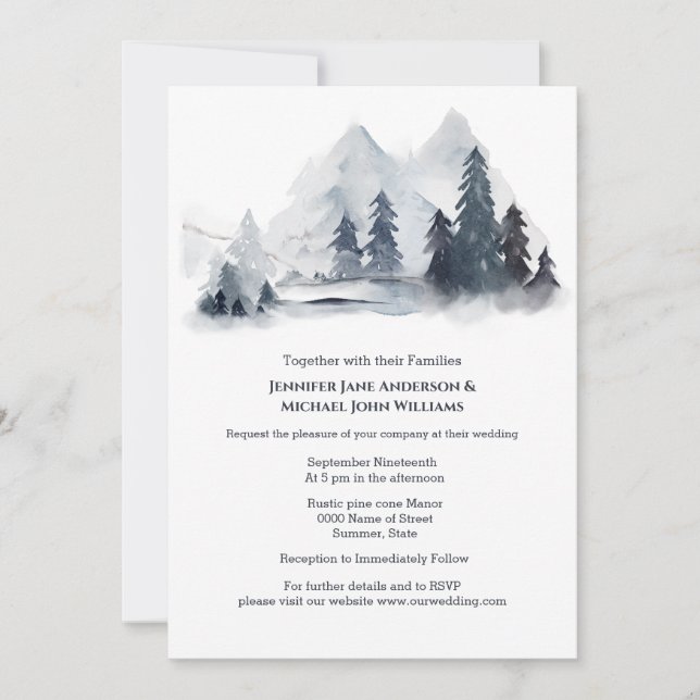 Slate grey blue forest fir trees mountain chic invitation (Front)