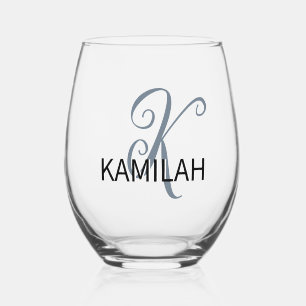 Slate Grey Elegant Initial Black Name   Modern  Stemless Wine Glass