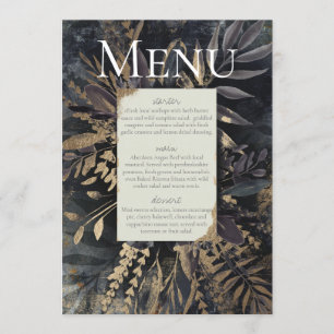 Slate grey gilded menu foliage bouquet, invitation