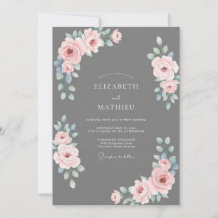 Slate Grey Graceful Rose Wedding Invitation