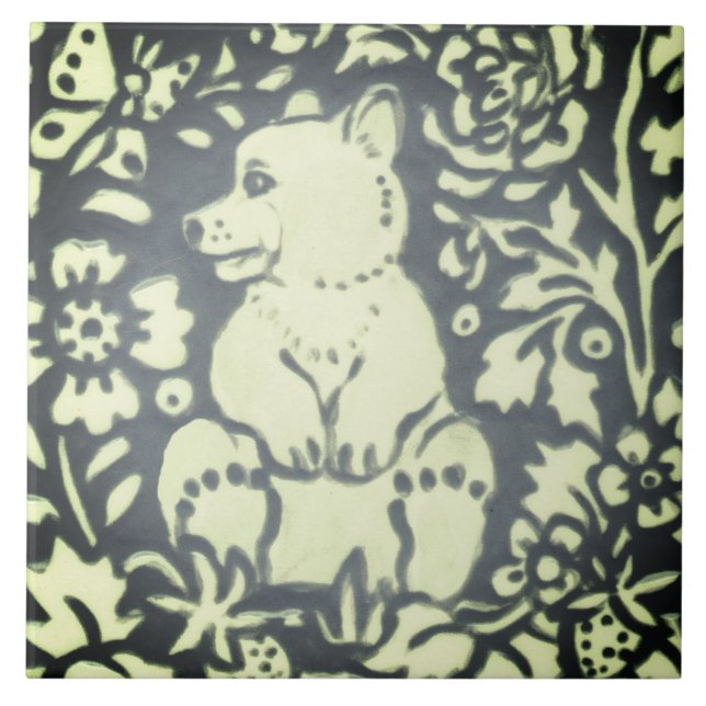 Slate Grey Green Bear Cub Floral Woodland Nature Tile (Front)