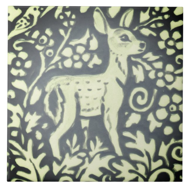 Slate Grey Green Fawn Deer Floral Woodland Nature Tile (Front)