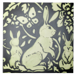 Slate Grey Green Rabbit Floral Woodland Nature Tile